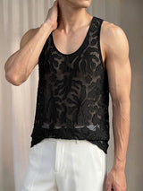 Men's Avant-Garde Semi-Sheer Burnout Botanical Pattern Tank SKUL76465