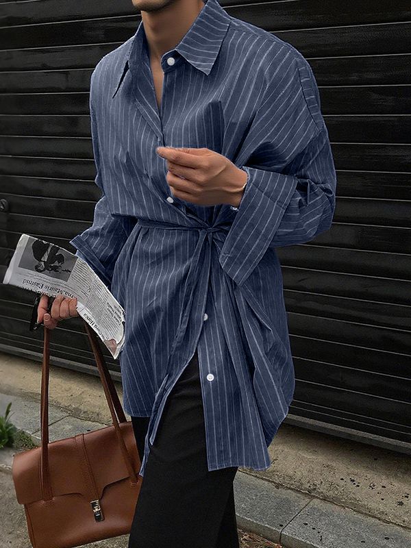 Men's Striped Waist Drawstring Long Sleeve Shirt SKUL32844