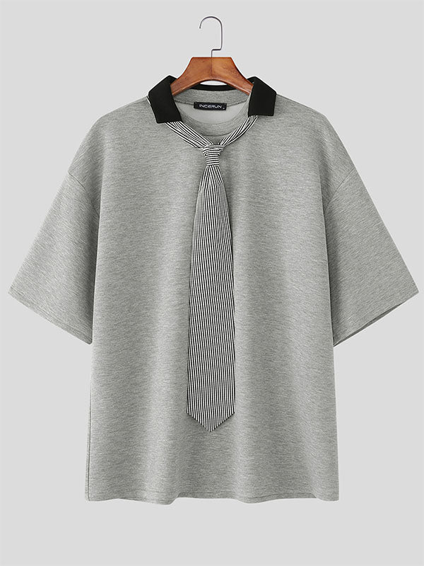 Mens Plaid Tie Contrast Color Short Sleeve T-Shirt SKUL20179