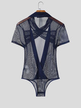 Men's Avant-Garde Sheer Mesh Double-Cross Wrap Cutout Bodysuit SKUL61684