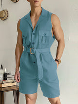 Mens Solid Notched Lapel Sleeveless Casual Jumpsuit SKUK61916