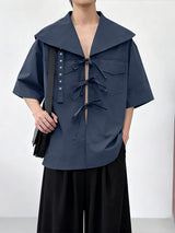 Men's Solid Color Tie Design Sailor Collar Half Sleeve Shirt SKUL51816
