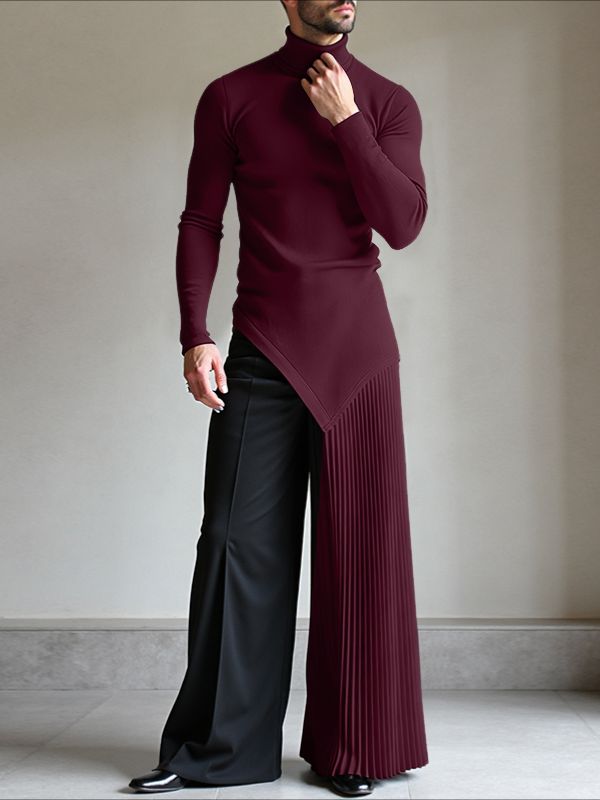 Men's Pleated Hem Textured High Neck Sweater SKUL37268