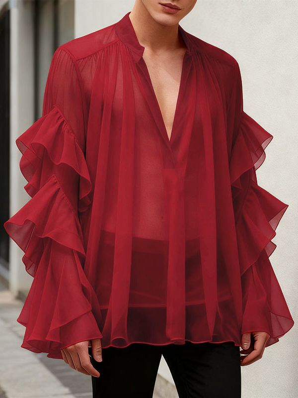 Men's Ruffle Patchwork Sheer Long Sleeve Shirt SKUL43729