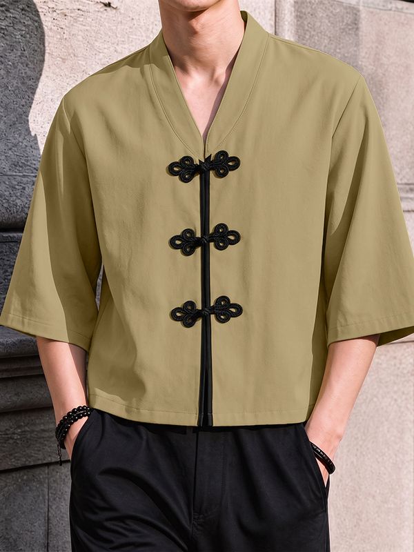 Men's Neo-Chinese Chic Tea Gathering Contrast Frog Button V-Neck Cropped Shirt SKUL86017