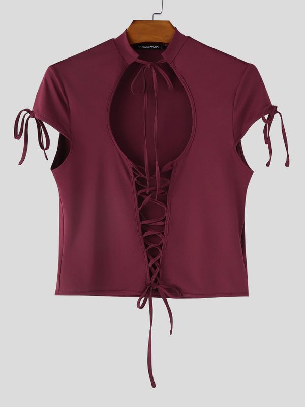 Men's Avant-Garde Lace-Up Front Chest Cutout Cropped T-shirt SKUL59583