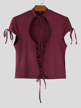 Men's Avant-Garde Lace-Up Front Chest Cutout Cropped T-shirt SKUL59583