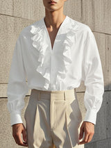 Men's Solid Color Ruffle Patchwork Long Sleeve Shirt SKUL42709