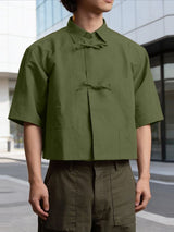 Men's Solid Color Bow Button Short Sleeve Shirt SKUL56279