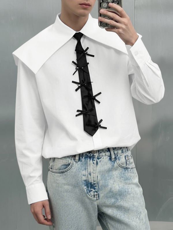 Men's Bow Tie Turn Down Collar Long Sleeve Shirt SKUL42545