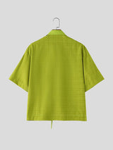 Men's Avant-Garde Lace-Up Front Cropped Windowpane Grid Short Sleeve Shirt SKUL63062