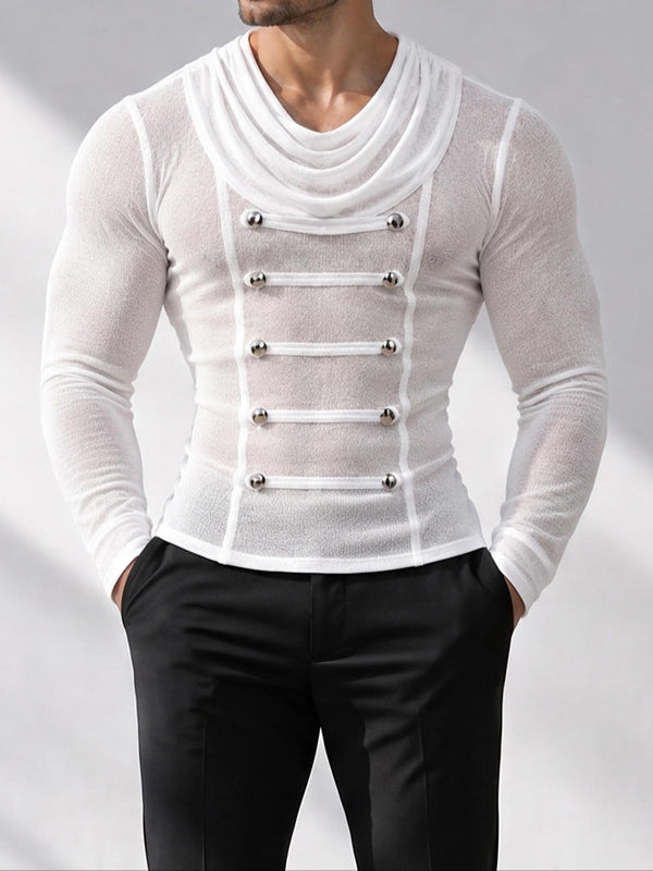 [Pre-order] Men's Victorian Vintage Evening Gala Draped Cowl Neck Double-Breasted Button Muscle T-shirt SKUL88497