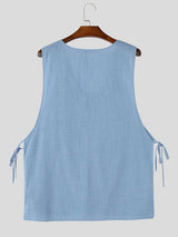 Men's Summer Beach Linen Deep V-Neck Open Side Tie-Knot Tank SKUL68413