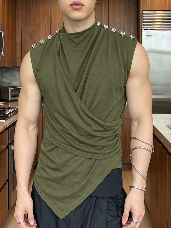 Men's Avant-garde Streetwear Draped Metal Studded Asymmetric Tank SKUL66868
