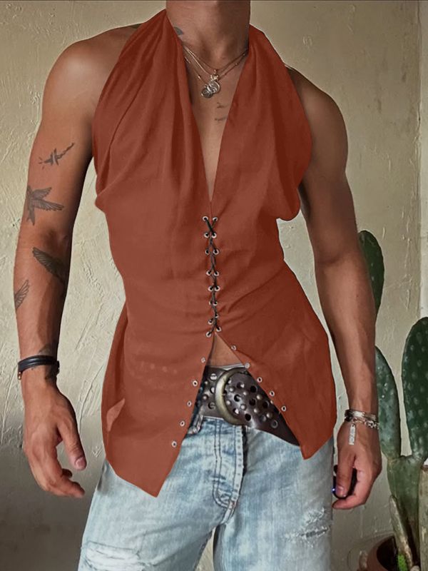 Men's Solid Color Drawstring Waist Tank SKUL45385