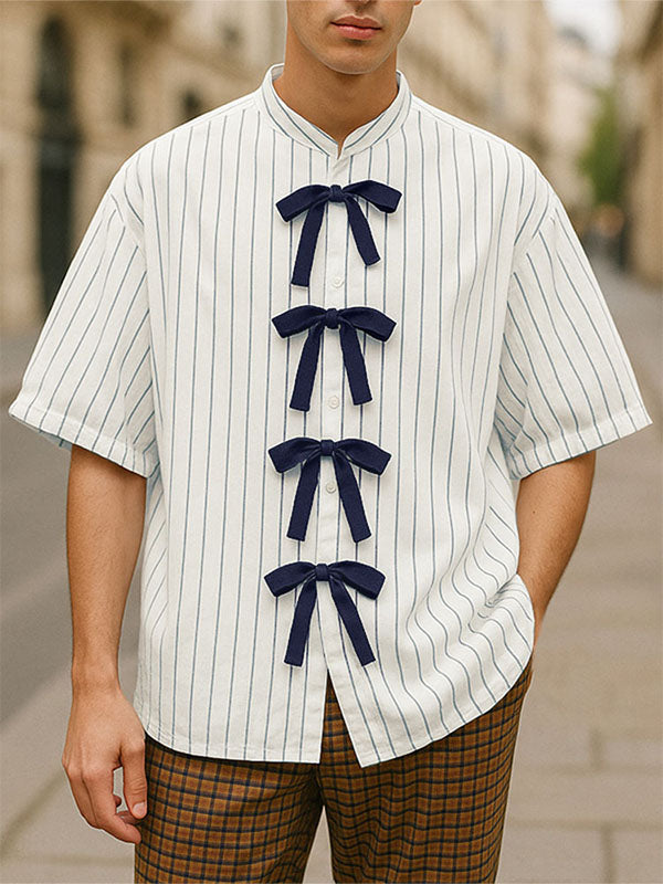Mens Bow Ribbon Striped Short Sleeve Shirt SKUL19082