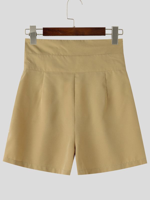 Men's Avant-Garde High-Waisted Crossover Waistband Decorative Gold Button Short SKUL63831