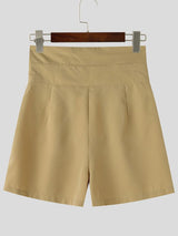 Men's Avant-Garde High-Waisted Crossover Waistband Decorative Gold Button Short SKUL63831