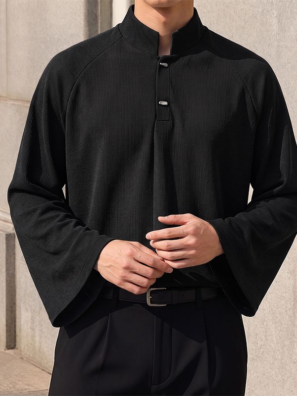 Men's Clean Fit Resort Wide Flared Sleeve Slit Henley Placket Long Sleeve Mandarin Collar T-shirt SKUL81833