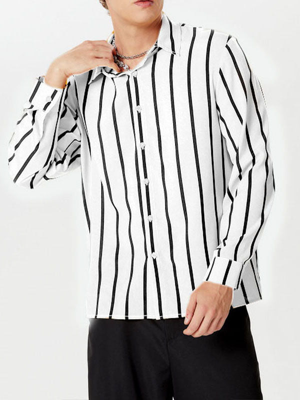 Mens Striped Lapel Collar Long Sleeve Shirt SKUK59935