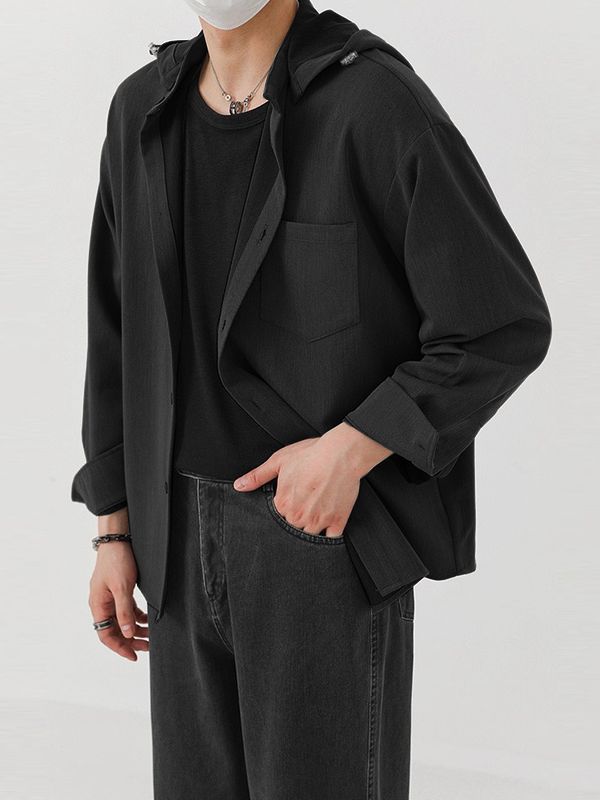 Men's Solid Color Hooded Long Sleeve Shirt SKUL45108