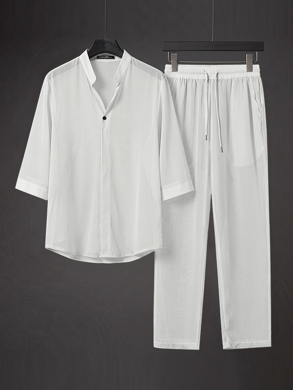 Men's Minimalist Resort Sheer Stand Collar Two Pieces Outfit SKUL75659