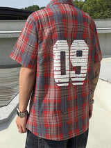 Men's Number Print Plaid Short Sleeve Shirt SKUL21115