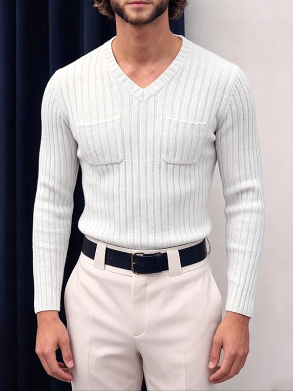 Men's Early Autumn Urban Casual Ribbed Double Pocket Long Sleeve V-Neck Sweater SKUL81073