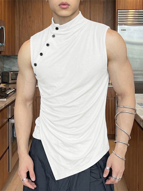Men's Avant-Garde Asymmetric Slant Button High Neck Crinkled Ruched Tank SKUL67997