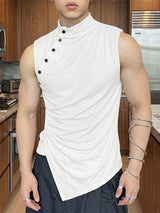 Men's Avant-Garde Asymmetric Slant Button High Neck Crinkled Ruched Tank SKUL67997