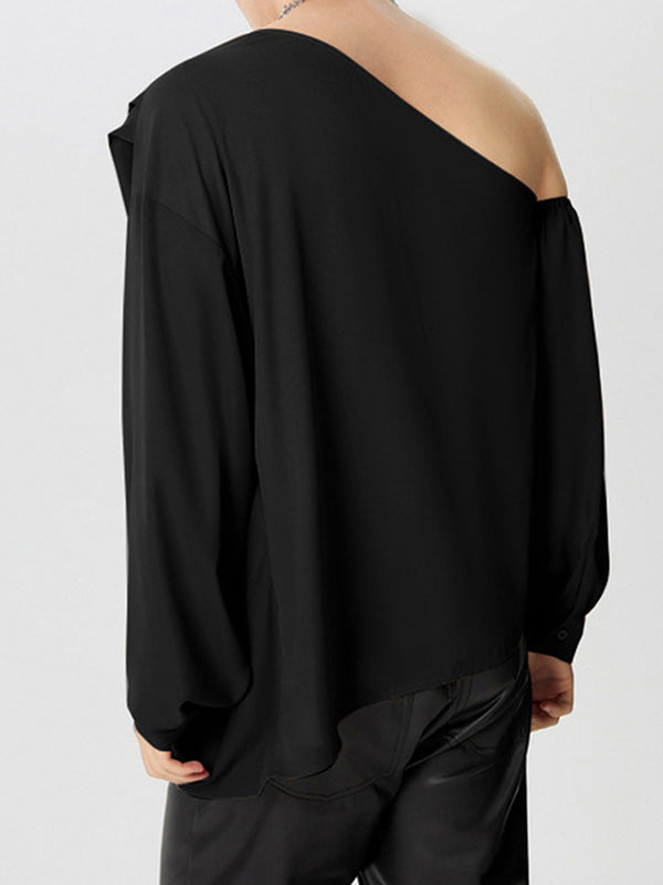 Mens Chiffon One-Shoulder Long Sleeve T-Shirt SKUK68906