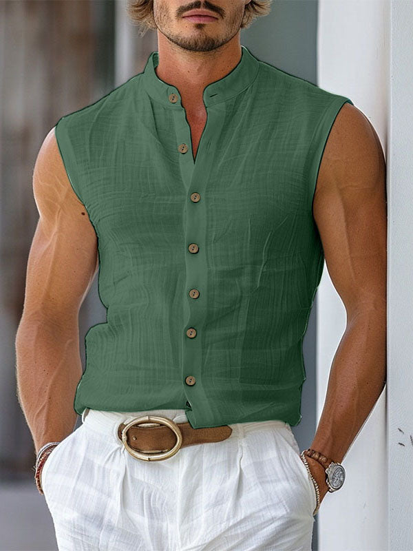 Mens Solid Color Stand Collar Sleeveless Shirt SKUK68824