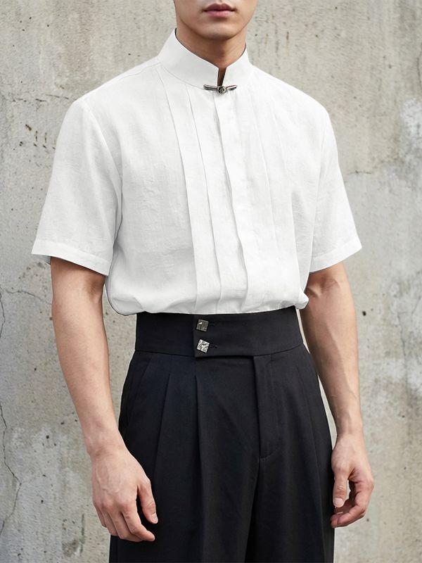 Men's Solid Color Pleated Stand Collar Short Sleeve Shirt SKUL56231