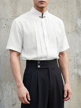 Men's Solid Color Pleated Stand Collar Short Sleeve Shirt SKUL56231