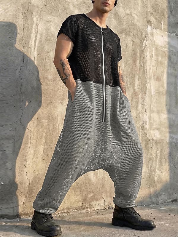 Men's Avant-Garde Two-Tone Mesh Drop-Crotch Zipper Jumpsuit SKUL56630