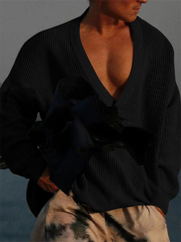 Men's Solid Deep V-Neck Long Sleeve Sweater SKUL24792