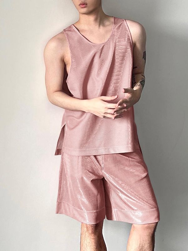 Men's Summer Vacation Metallic Shiny Ice Silk Loose Casual Two Pieces Outfit SKUL54589