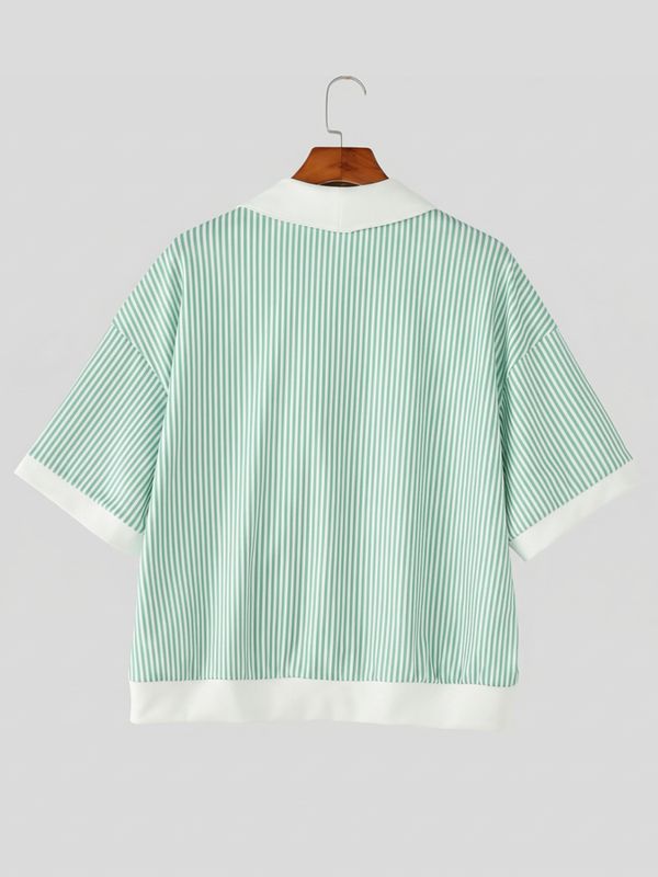 Men's Vintage Preppy Vertical Striped Knit Contrast Shawl Collar Pocket Short Sleeve Shirt SKUL63829