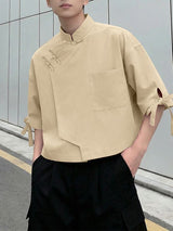 Men's Solid Color Frog Button Stand Collar Half Sleeve Shirt SKUL57725