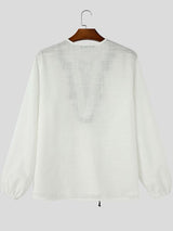 Men's Retro Resort Floral Embroidery Lace-Up Lantern Long Sleeve V-Neck Shirt SKUL79730