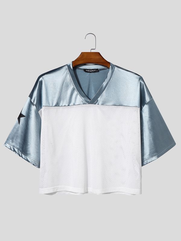 Men's American High-Street Star Graphic Mesh Patchwork Short Sleeve T-shirt SKUL70180