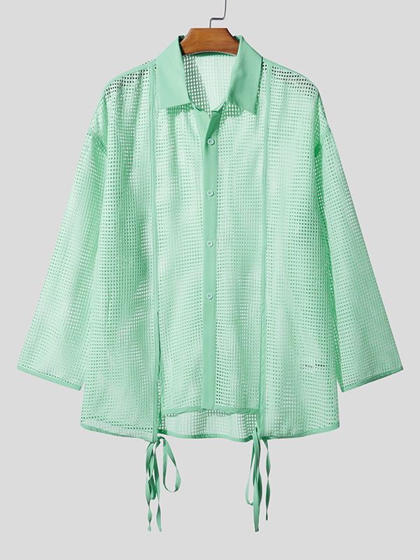 Men's Ribbon Patchwork Hollow Mesh Long Sleeve Shirt SKUL46178