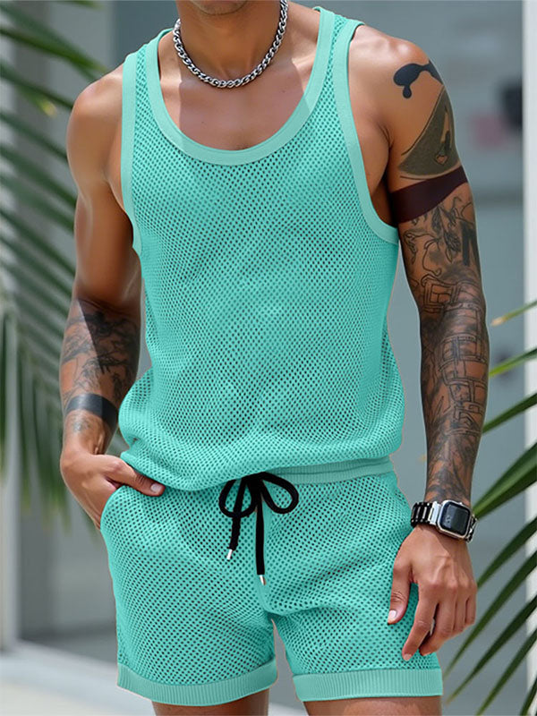 Mens Solid Color Sheer Mesh Two Pieces Outfit SKUL18019