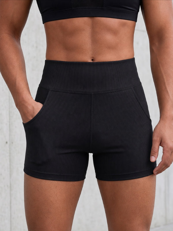 Men's Gym Vertical Ribbed V-Back Yoke Butt Lifting High Waist Back Pocket Short SKUL81924