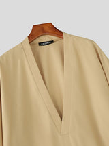 Men's Solid Color Deep V-Neck 3/4 Length Sleeve Shirt SKUL51929