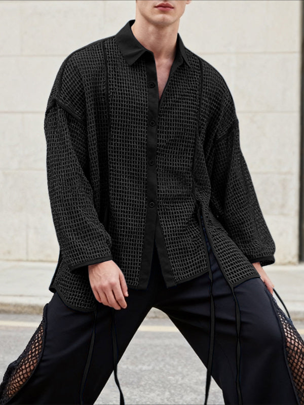 Men's Ribbon Patchwork Hollow Mesh Long Sleeve Shirt SKUL46178