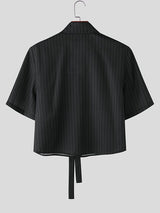 Men's 3D Floral Necktie Cropped Pinstripe Short Sleeve Shirt SKUL55375