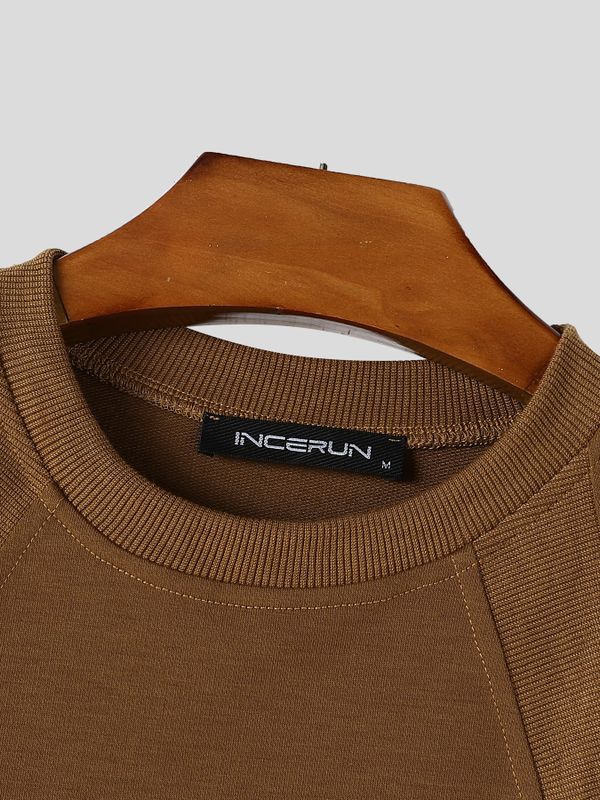 Men's Minimalist Clean-Fit Daily Casual Curved Raglan Seam Ribbed Crewneck T-shirt SKUL84074