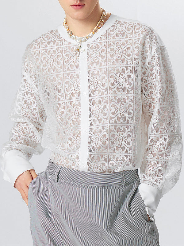 Mens Lace Windowpane Pattern Stand Collar Shirt SKUK44690