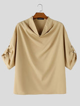 Men's Avant-Garde Cowl Neck Oversized Roll-Up Sleeve Pullover Shirt SKUL70266